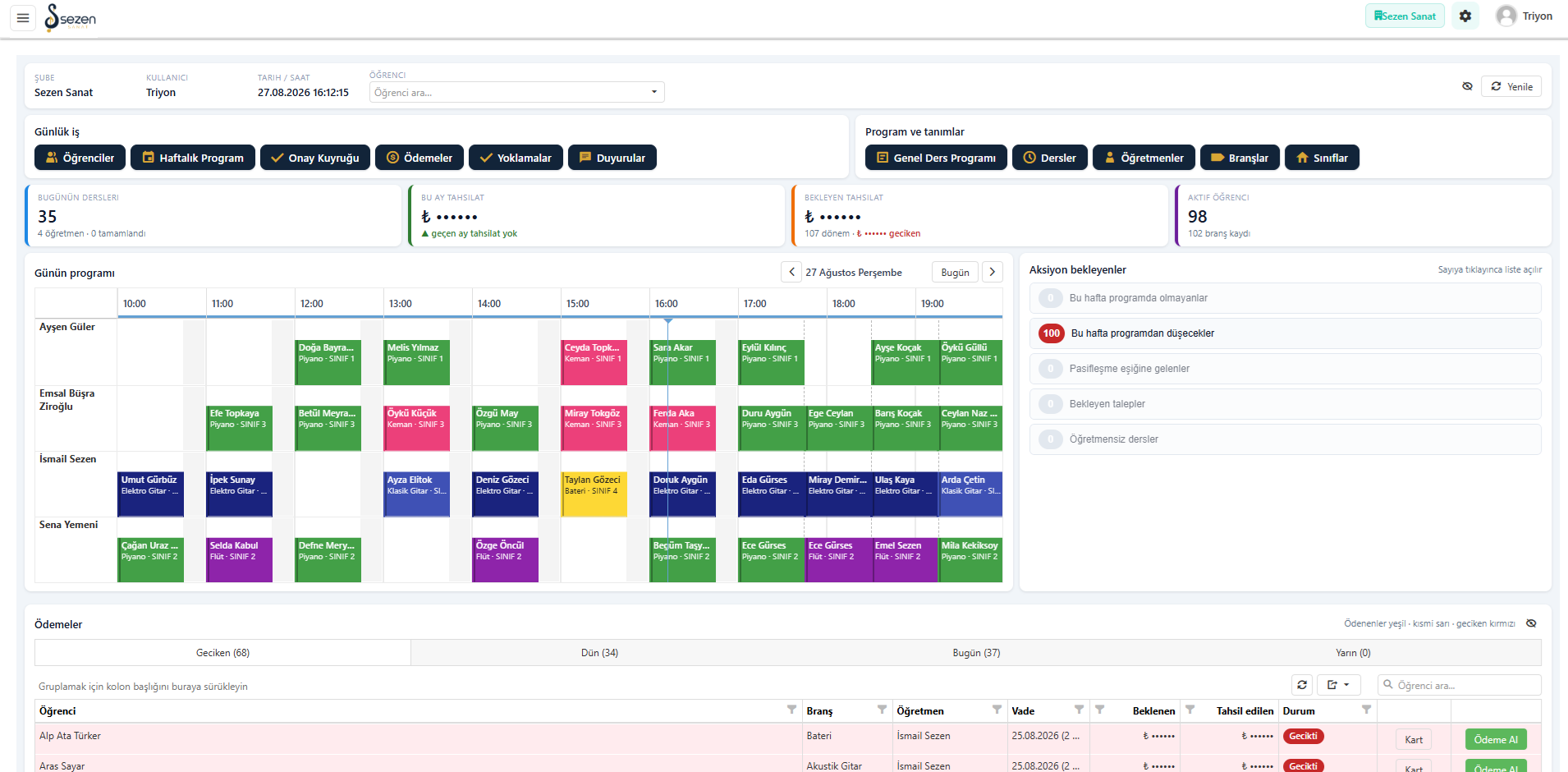 DOYS web administration panel home screen - the day's lesson programme, collection summaries and pending action list