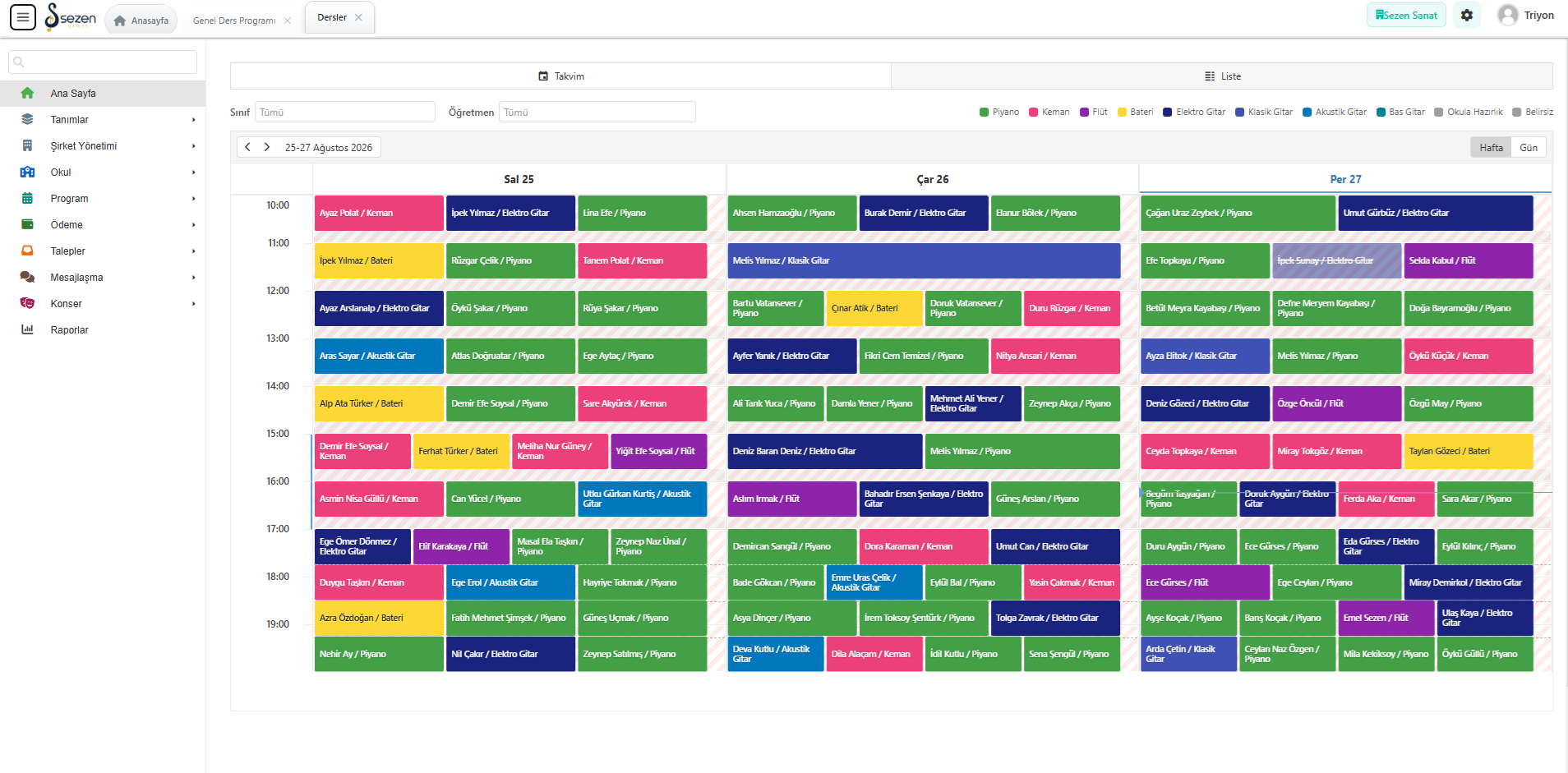 DOYS web administration panel weekly lesson calendar - course colour codes, classroom and teacher filters