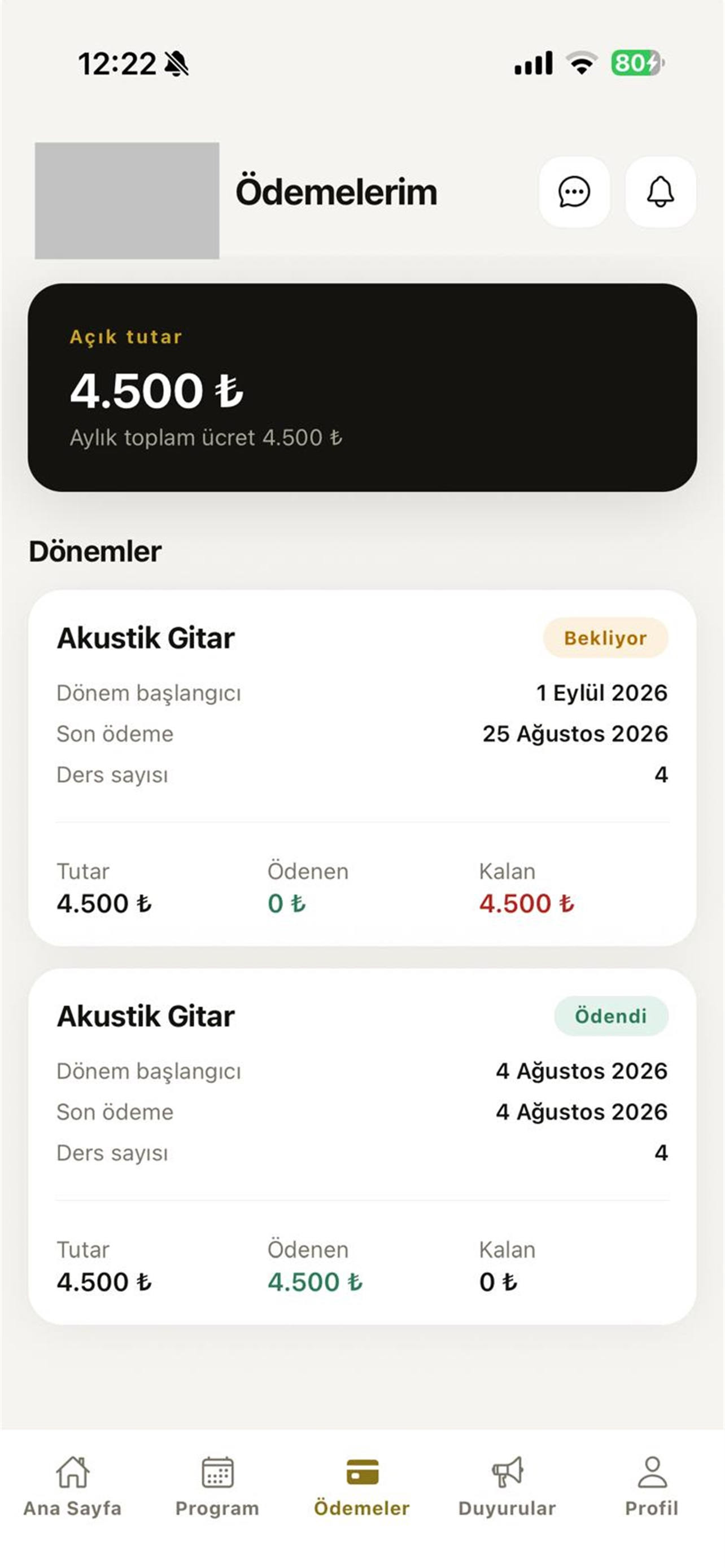 DOYS mobile app payments screen - course-based term cards with amount, paid and remaining balance