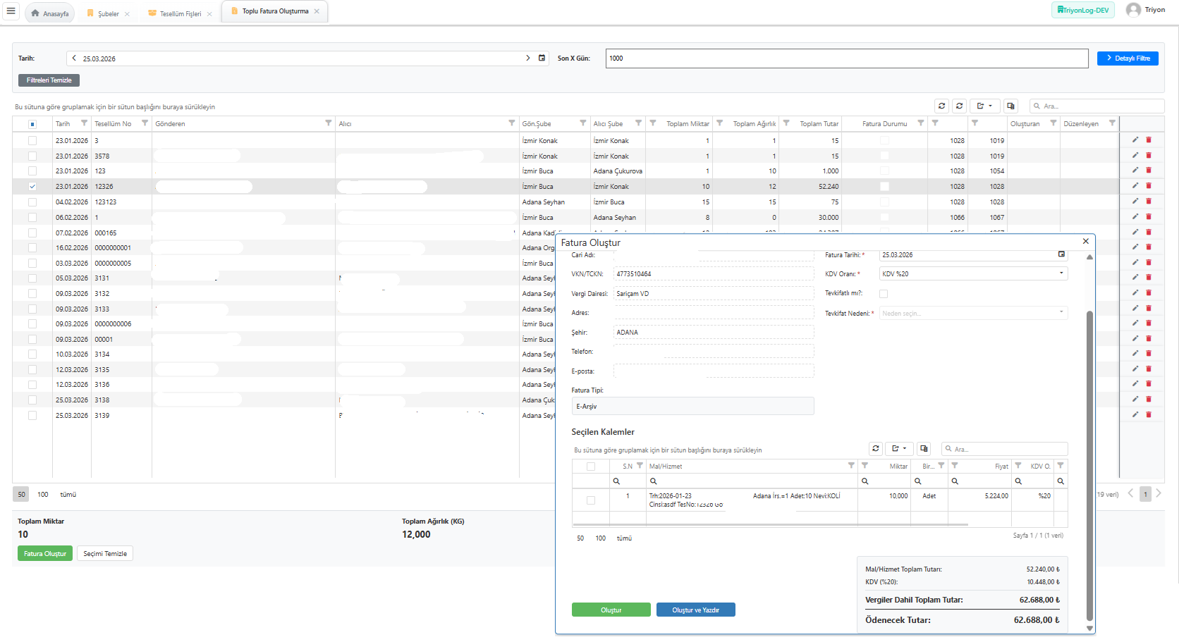 e-Dönüşüm irsaliye ve fatura yönetimi ekranı - toplu fatura oluşturma, e-Arşiv ve e-İrsaliye işlemleri