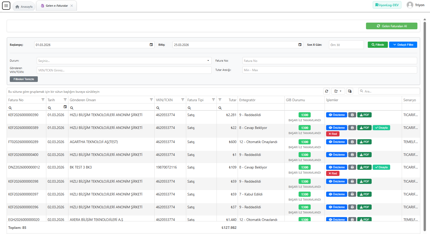 e-Dönüşüm gelen e-Faturalar ekranı - görüntüleme, onay red, e-Arşiv ve e-İrsaliye entegrasyonu