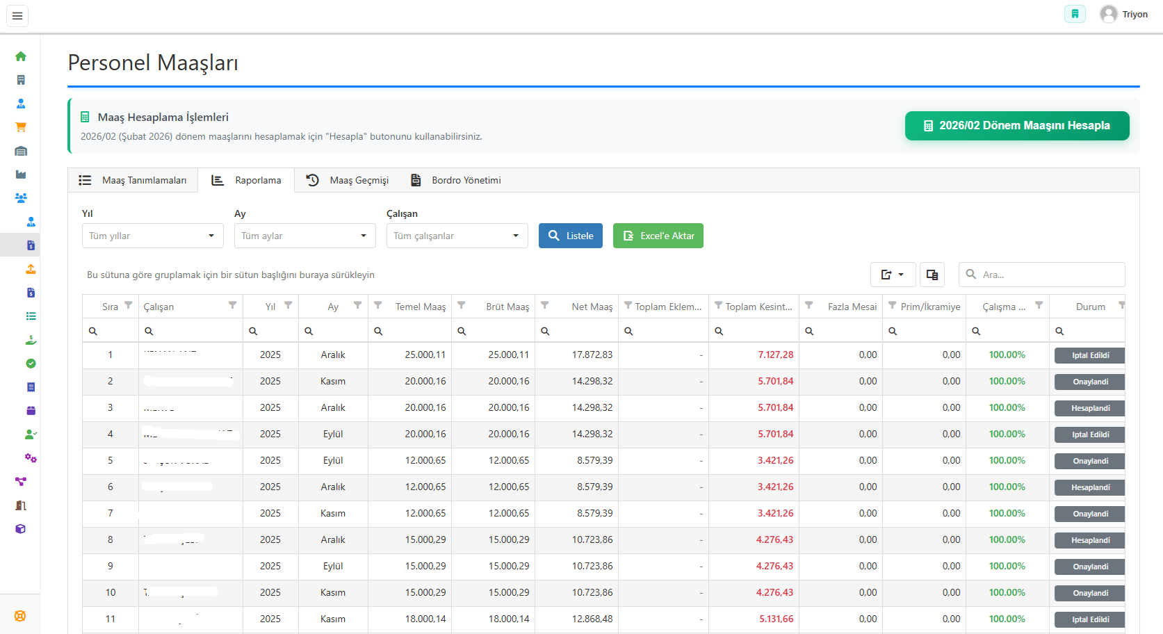 İK maaş yönetimi ekranı - maaş hesaplama, bordro, brüt net, eklemeler kesintiler ve onay işlemleri