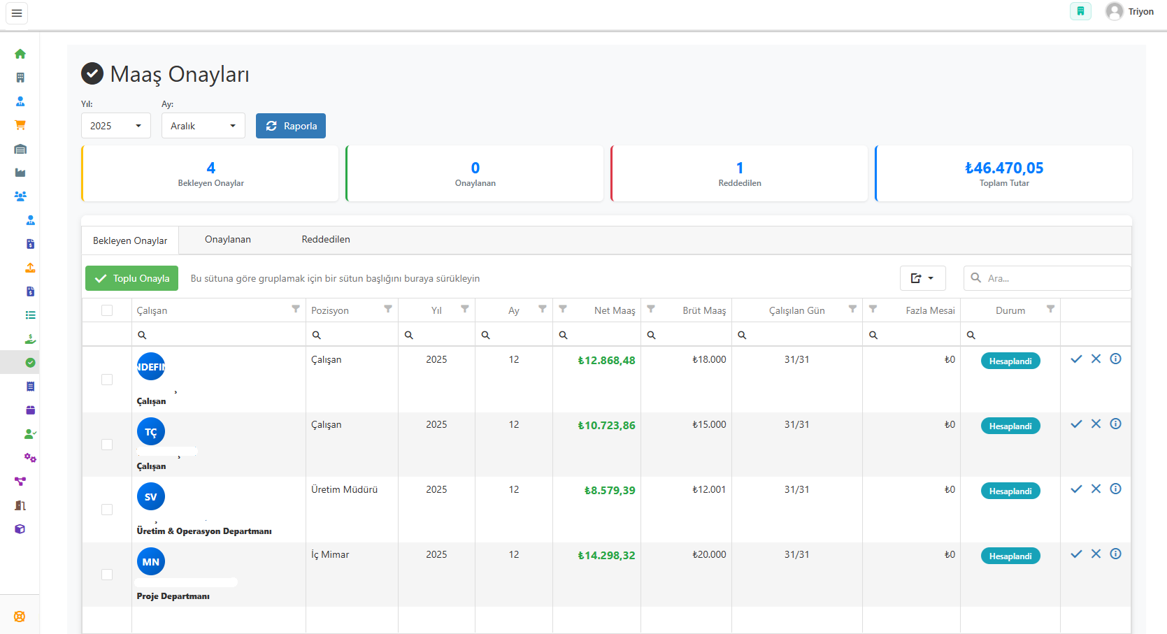 İK maaş onayları ekranı - bekleyen onaylar, onaylanan bordrolar, reddedilen işlemler, bordro detayları