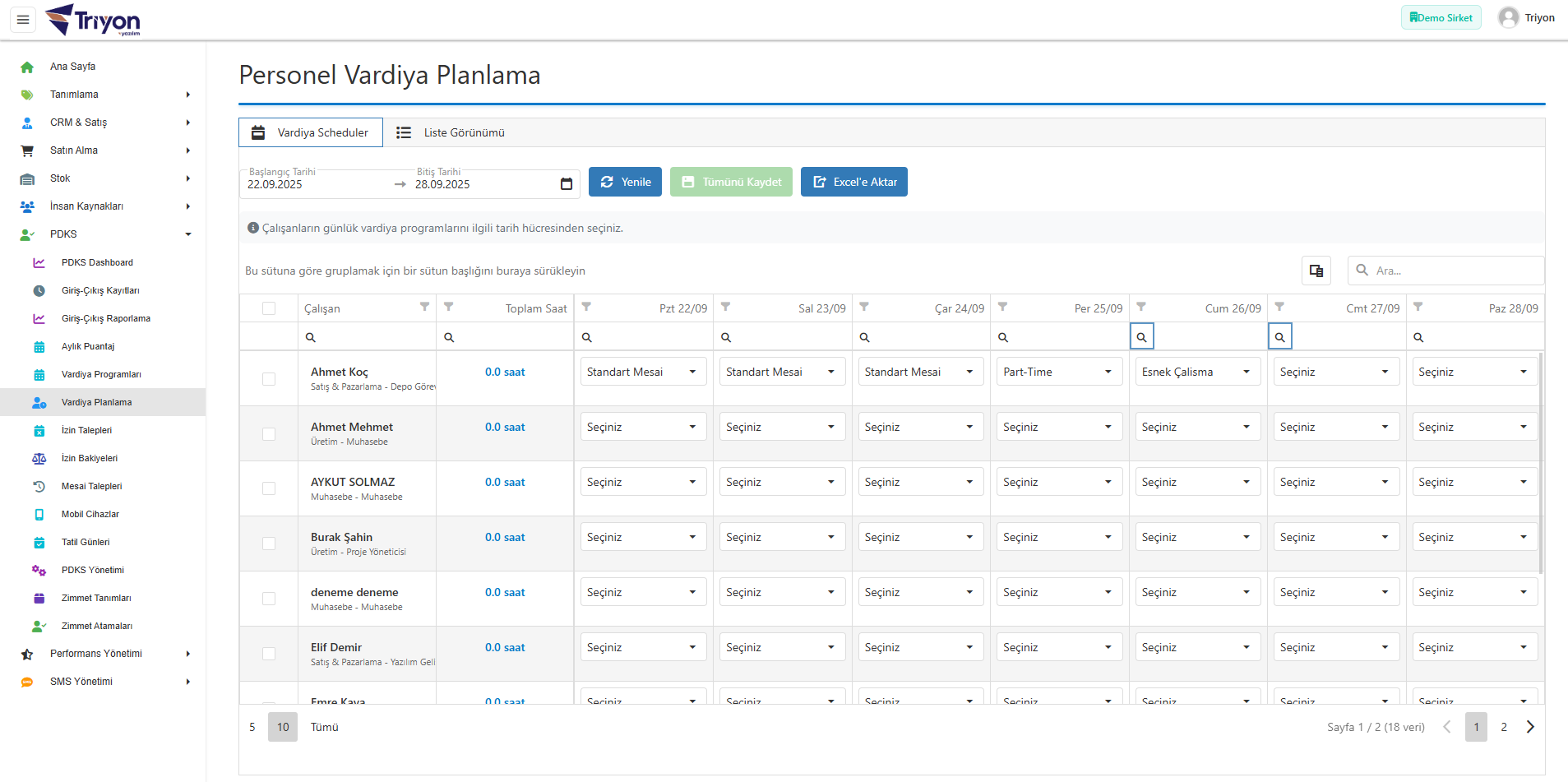 İK personel vardiya planlama ekranı - vardiya planı, personel çalışma saatleri ve plan güncelleme