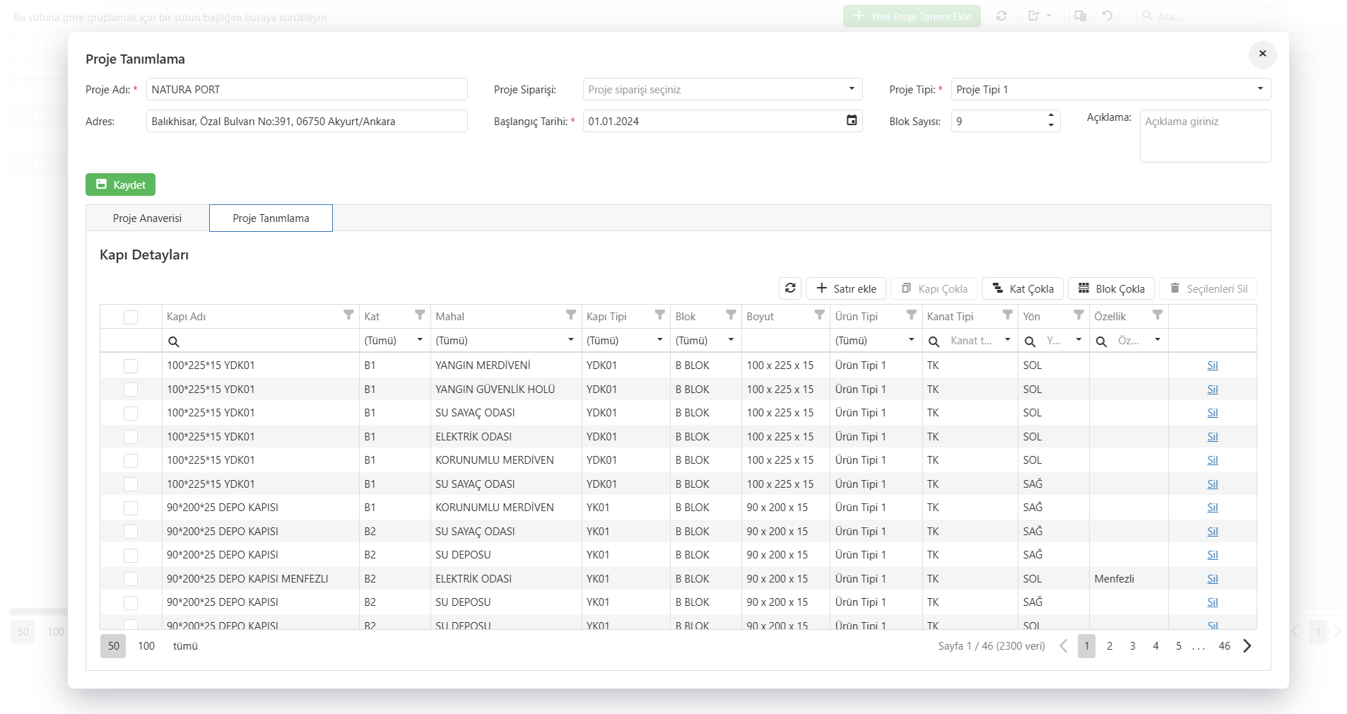 Kapı Üretim ERP proje teklifleri ekranı - teklif yönetimi, onay red ve siparişe çevirme süreçleri