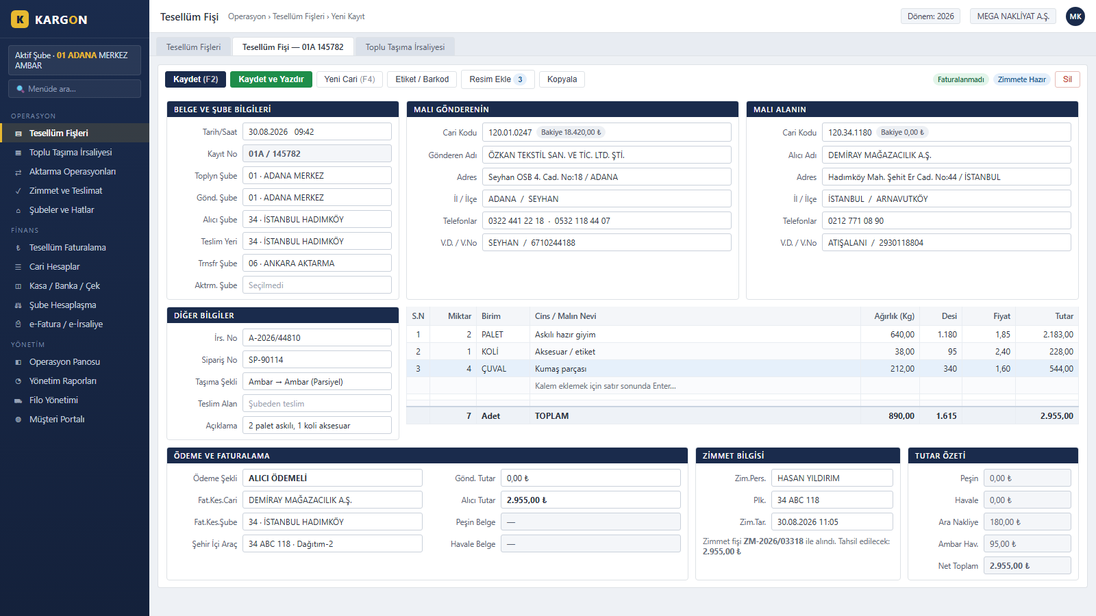 Kargon consignment receipt screen - sender and consignee accounts, branch chain, cargo lines, payment method