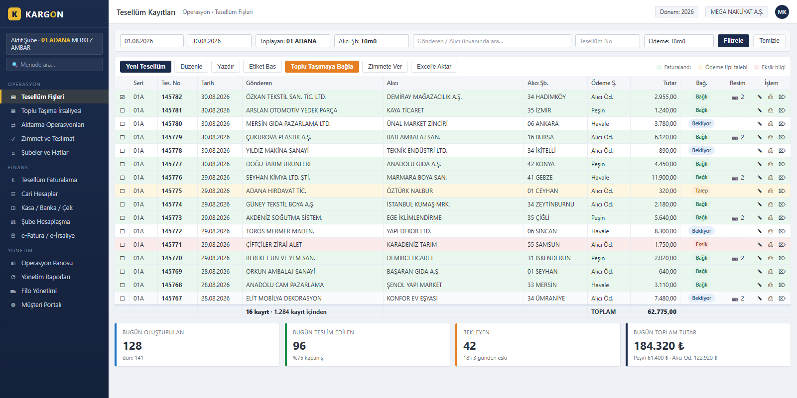 Kargon consignment records list - filter bar, colour-coded statuses, bulk actions, daily totals