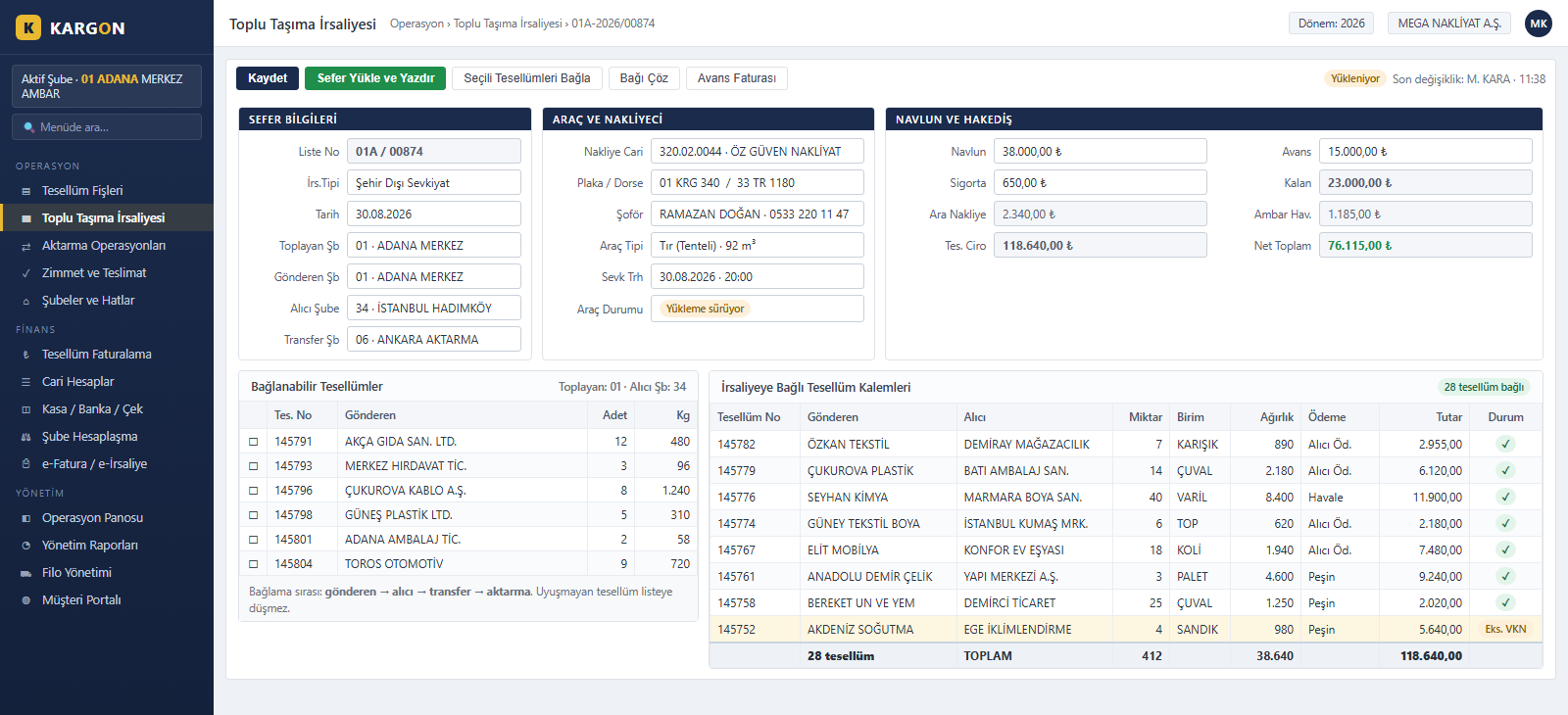 Kargon bulk transport waybill screen - consignment linking, carrier and vehicle details, freight advance balance