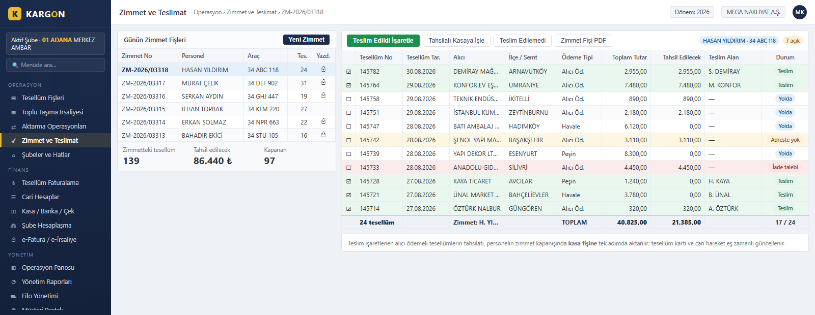 Kargon delivery assignment screen - courier, amount to collect, delivery status, cash posting