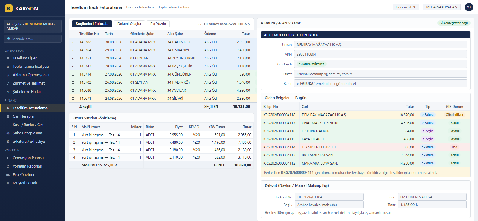 Kargon invoicing screen - bulk invoicing from consignments, automatic e-Invoice e-Archive decision, GİB status tracking