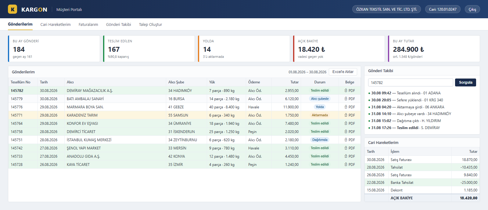 Kargon customer portal - shipment list, step by step tracking, account movements and open balance