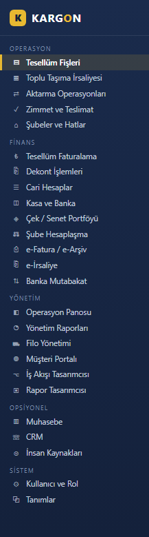 Kargon module list - consignment, dispatch, delivery assignment, branch settlement, accounts, e-invoice, fleet, portal