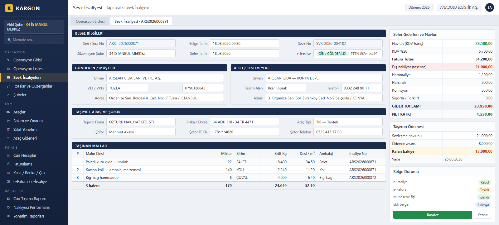 KargonLite waybill screen - e-waybill filing status, subcontractor payable and trip cost breakdown