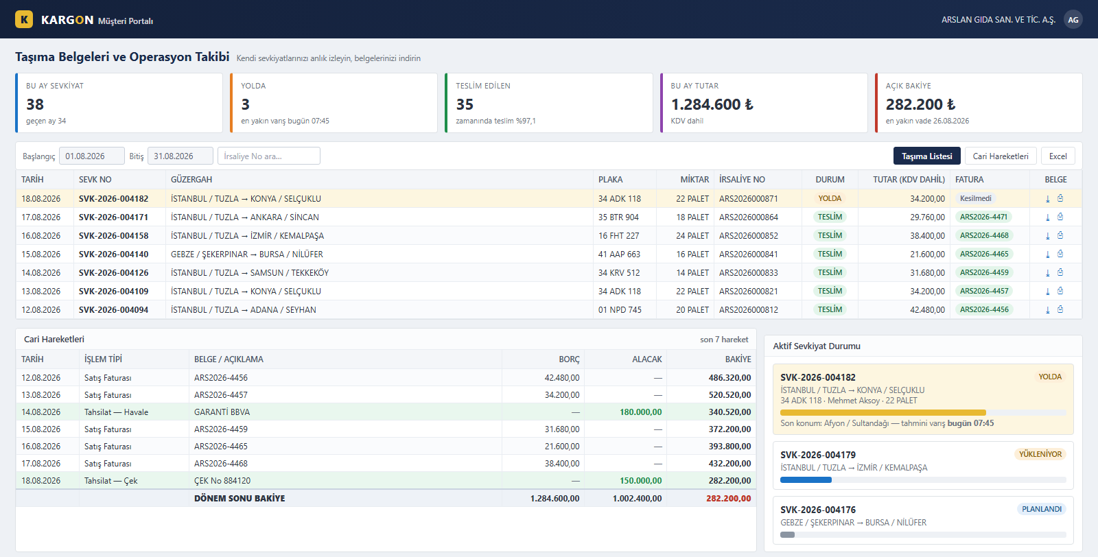 KargonLite customer portal screen - shipment tracking, document download and account movement view