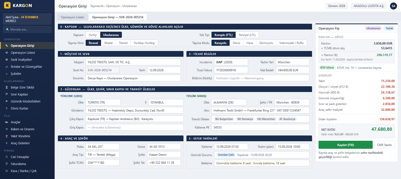 KargonLite international operation entry screen - export direction, border gate, Incoterms and foreign-currency freight