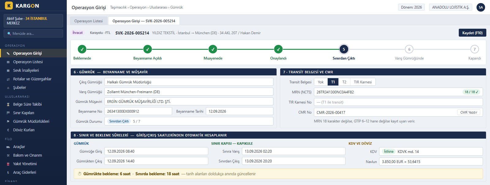 KargonLite customs and transit screen - customs status stages, T1 MRN, CMR and border waiting time