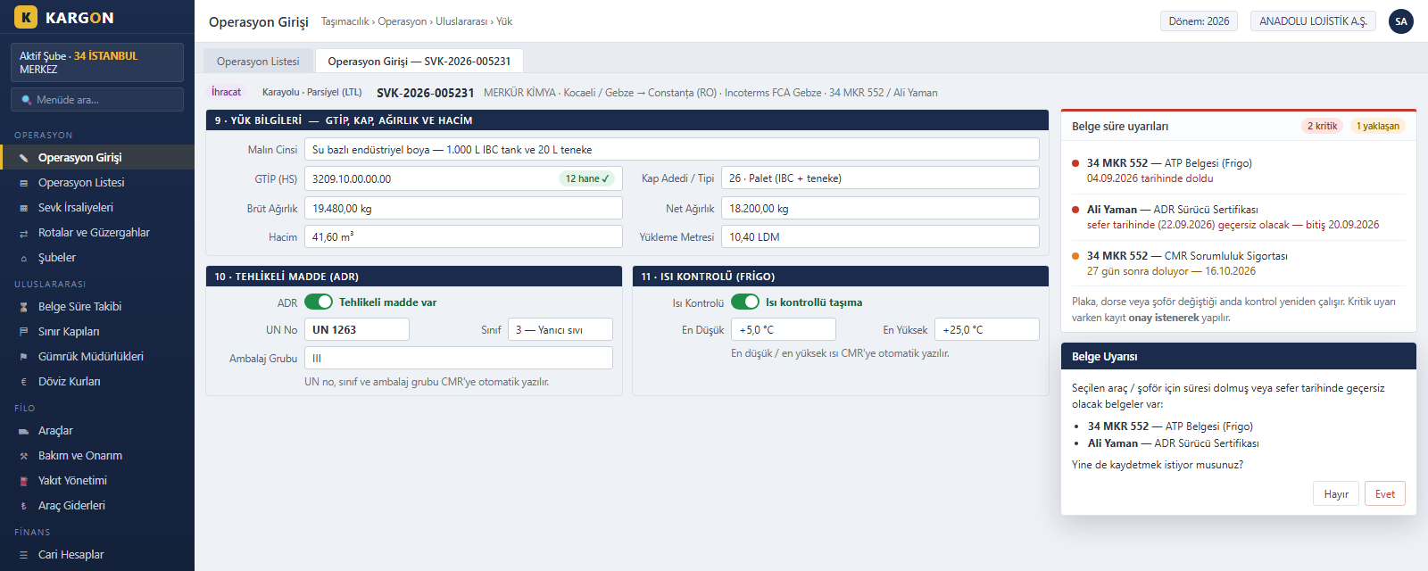KargonLite cargo details screen - HS code, ADR dangerous goods, temperature control and document expiry warnings