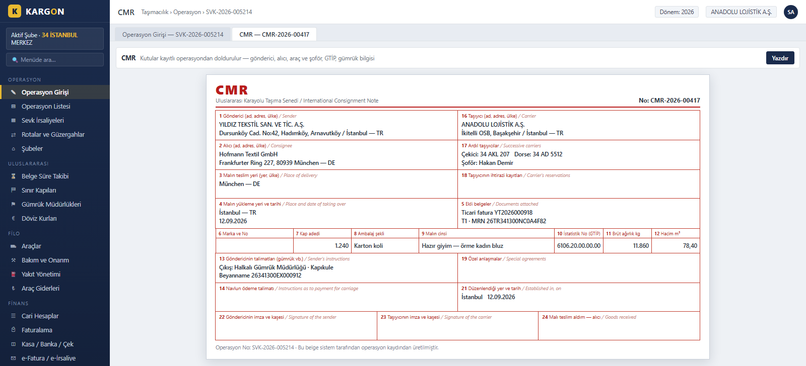 KargonLite CMR document - international consignment note filled automatically from the operation record
