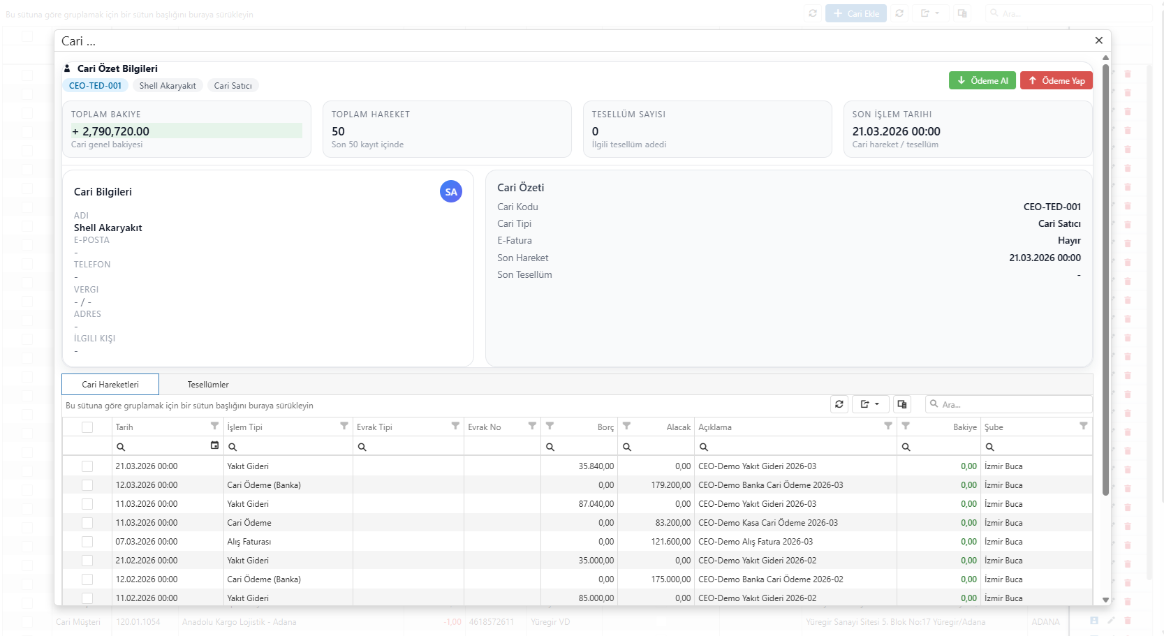 Kargon detaylı cari yönetimi ekranı - borç alacak takibi, cari hareketler ve işlem detayları görüntüleme