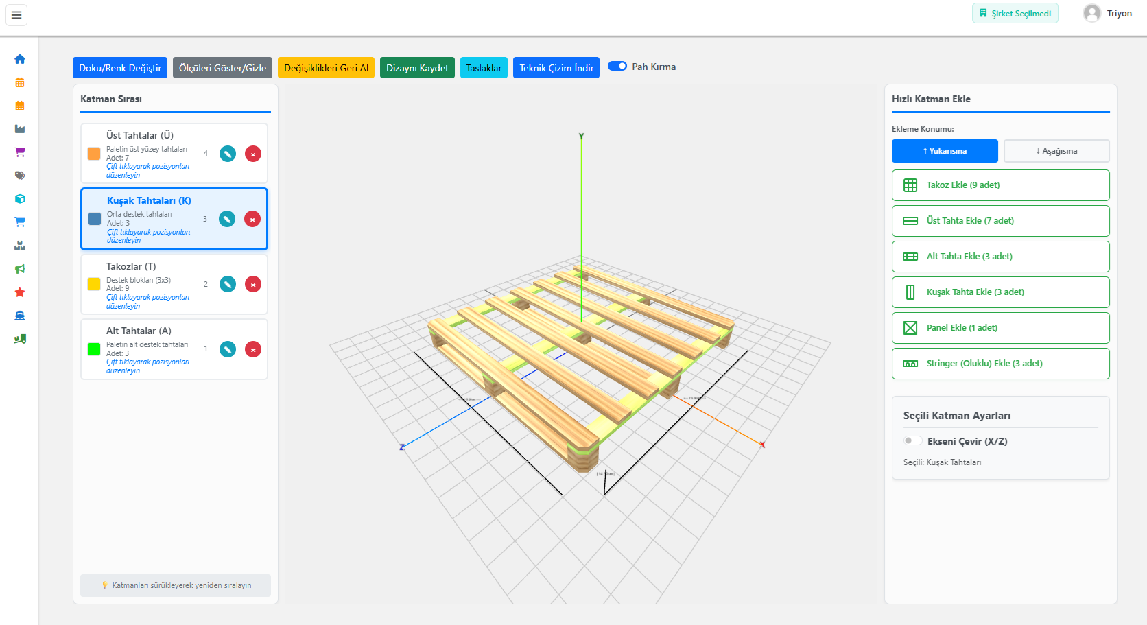 Palnex palet teknik resim yazılımı ekran görüntüsü - 3D palet modelleme ve teknik çizim oluşturma