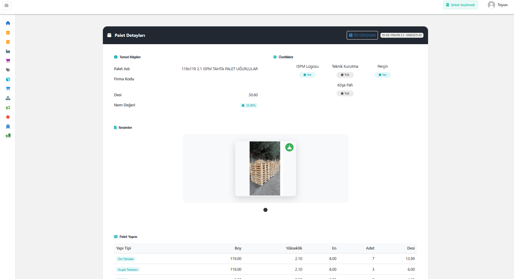 Palnex palet detayları ekranı - palet teknik özellikleri, katman yapısı ve üretim parametreleri
