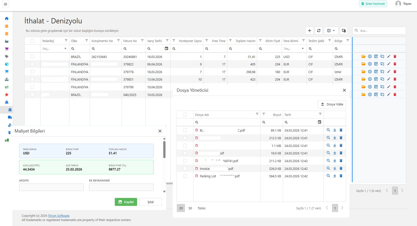 Palnex ithalat modülü ekranı - evrak yönetimi, konteyner takibi, fatura ve maliyet raporlama yazılımı