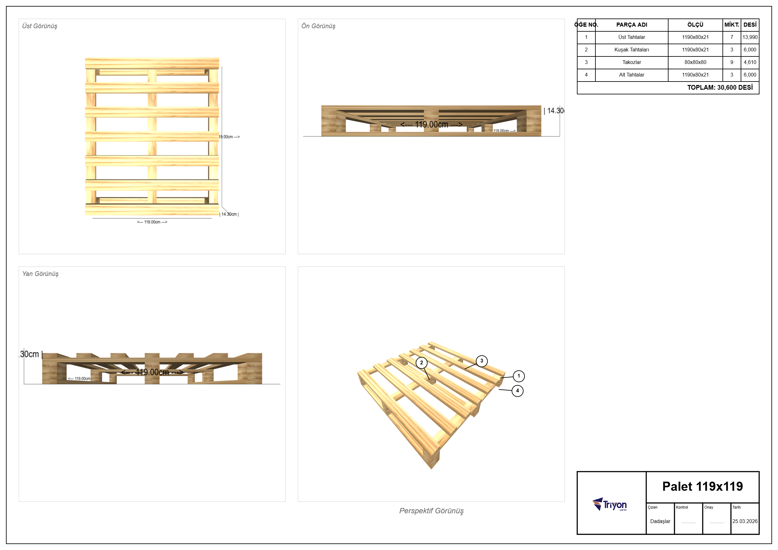 Palnex 3D palet tasarımından otomatik oluşturulan teknik resim ekranı - ölçülendirme, parça listesi ve desi hesaplama