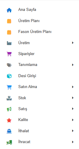 Palnex modüller ekranı - üretim, stok, kalite, ithalat ve ihracat modülleri