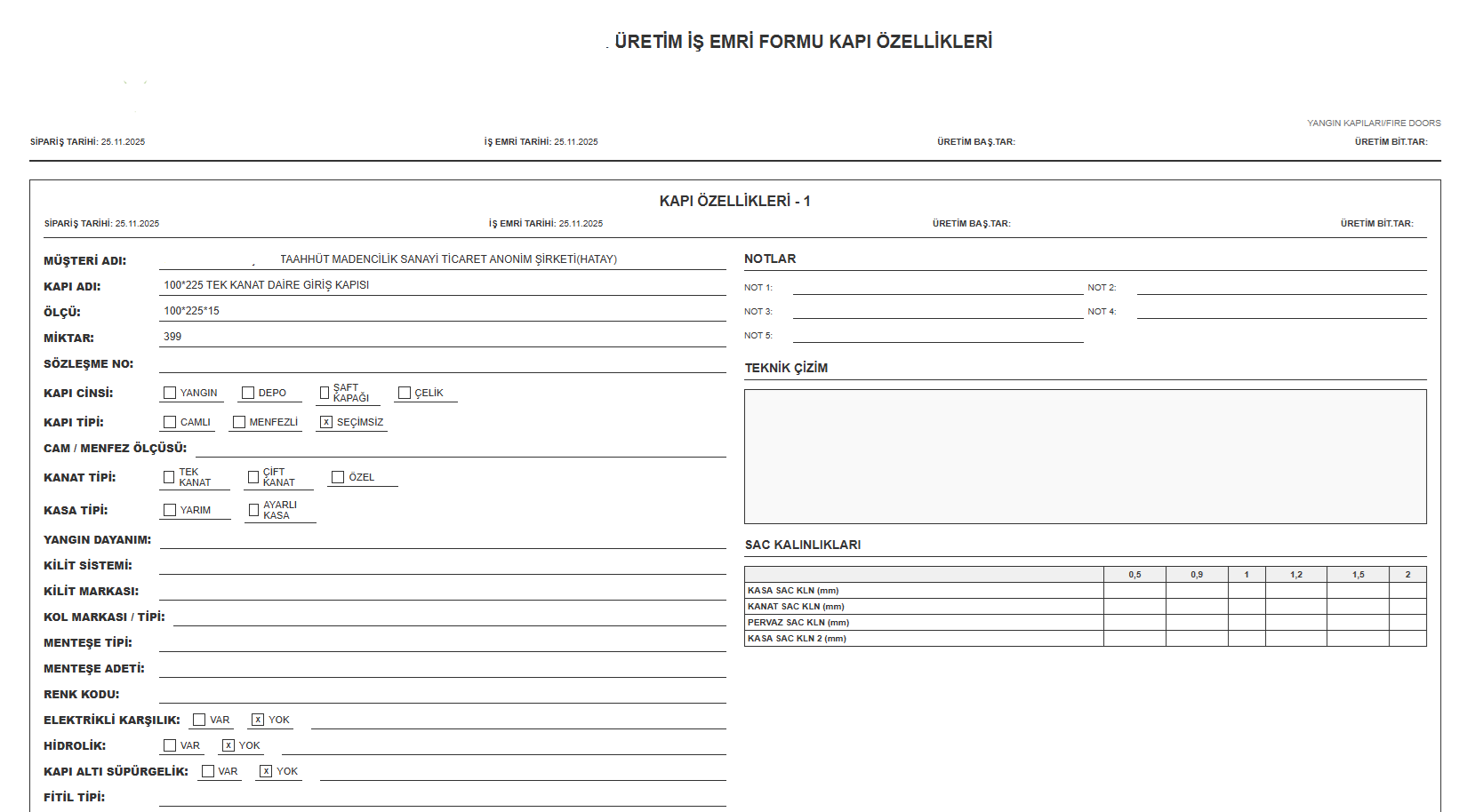 Üretim iş emri oluşturma ekranı - teknik çizim, kapı özellikleri, üretim planı ve otomatik iş emri belge örneği